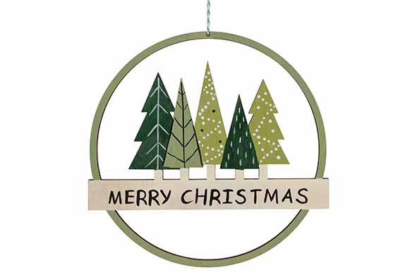 Hanger Merry Christmas Xmas Trees Groen - 19,5x,5xh19,2cm Rond Hout